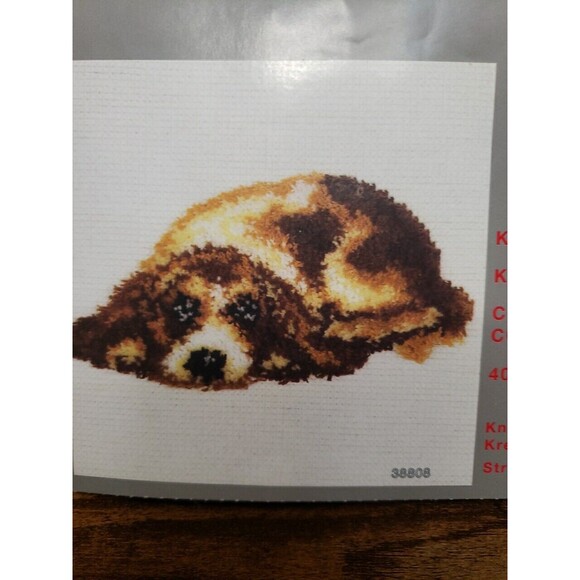 Vintage Latch Hook Rug Kit Dog Puppy Lying Down Brown 40x40cm Incomplete - Picture 2 of 13